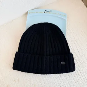 Bonnet en tricot côtelé en laine noire hiver chaud pour femmes épais doux confortable élégant