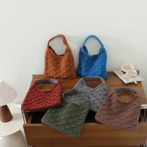 Sac à main tricoté style coréen vue détaillée, joli sac fourre-tout d'hiver couleur unie.