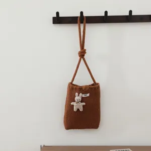 Sac bandoulière tricoté automne hiver mignon avec pendentif lapin, petit mini sac de téléphone.