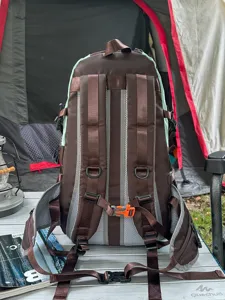 Colorful functional outdoor hiking backpack with breathable mesh back and comfortable straps.