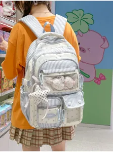 Japanese style milk blue striped star school bag fresh girl student backpack with transparent pocket