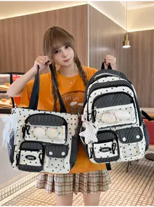 Japanese style black white star stripe backpack tote bag set, cute student school bag detail.