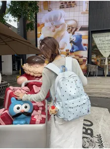 Zaino scolastico carino a pois azzurro per ragazze adolescenti, zainetto da viaggio casual dolce.
