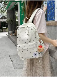 Elegante zaino bianco a pois per donne tempo libero campus viaggio borsa scolastica