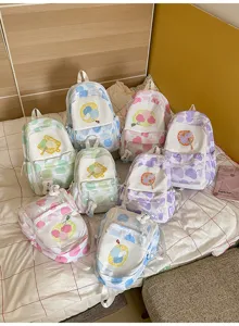 Γλυκό κορεάτικο στιλ tie-dye καμβάς σακίδιο πλάτης με διαφανή μπροστινή τσέπη, καλοκαιρινό σχέδιο.