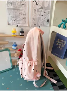 Dettaglio dello zaino rosa a pois con tessuto morbido, grazioso ciondolo e tasca laterale.