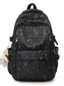 Black casual school backpack with colorful star pattern, multi-pocket daily daypack.