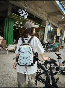 Outdoor Japanese style grey blue colorblock tactical mountaineering backpack detail view