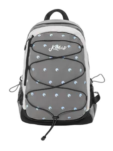 Grey blue functional mountaineering backpack with front bungee cord and polka dot design.