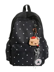Zaino nero a pois borsa da scuola carina zainetto casual con ciondolo a orsetto e toppa stella.