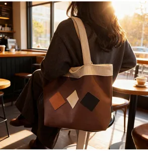 Brown corduroy tote bag with diamond patches, large capacity shoulder bag for women.