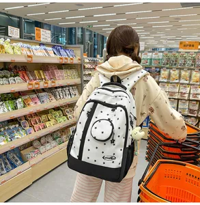 Zaino in tela carino stile coreano con motivo a stelle nere, grande borsa scolastica per studenti.