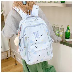 Light blue star pattern school backpack large capacity cute casual book bag for daily use