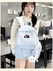 Koreanischer blauer Pünktchen Rucksack für Mädchen süßer Hund Anhänger süße Schultasche.
