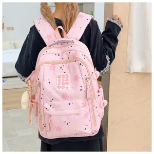 Japanese style sweet pink star print backpack large capacity cute school bag for student travel