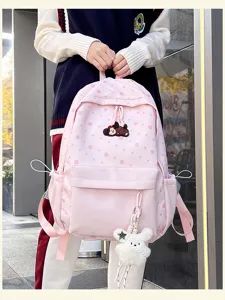 Rosa gepunkteter Schulrucksack für Mädchen süße Cartoon Welpenbestickung ästhetische Schultasche