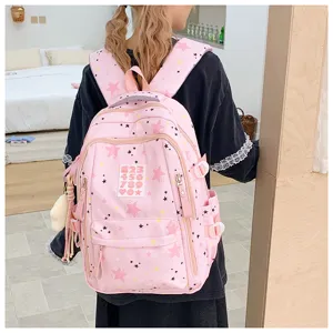 Pink starry student backpack detail, large capacity school bag with cute numbers patch, sweet style.