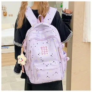 Detailed view of the cute light purple student backpack with star prints and large capacity.