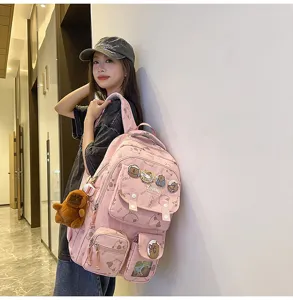 Zaino rosa carino con cappibara a cartone animato, grande borsa scolastica per ragazze.