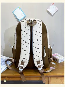 Brauner weißer Pünktchen Canvas Rucksack Detail, süße Schultasche mit nützlichen Seitentaschen.