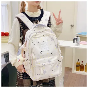Japanese ins style cute star print canvas student backpack large capacity casual school bag for girls