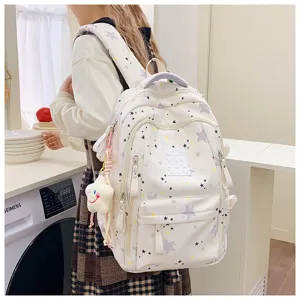 Japanese ins style starry school backpack for teen girls, large capacity casual daypack.