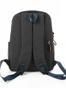 Dark gray grid waterproof school backpack rear view showcasing durable blue straps and pockets