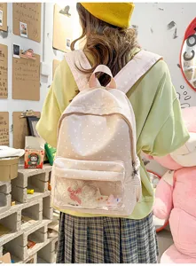 Détail de sac à dos à pois roses avec poche avant transparente et décoration en peluche.