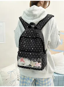 Sac à dos à pois mignon de style coréen avec poche avant transparente pour l'école quotidienne