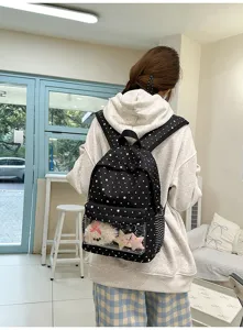 Vue détaillée du sac à dos à pois mignon style coréen avec poche avant transparente.