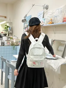 Sac à dos en toile à pois de style coréen avec poche avant transparente pour école