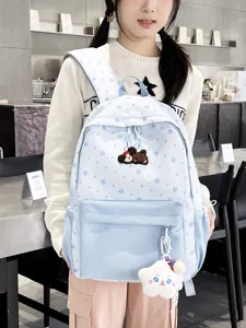 Preppy Stil Gepunktet Canvas Rucksack Süße Tier Patch Schultasche Lässiger Tagesrucksack Für Teenager Mädchen Frauen Reise