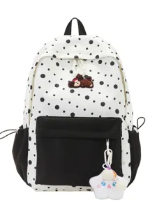 Weißer schwarzer Pünktchen Rucksack lässige Schultasche niedliches Design mit Plüsch Anhänger