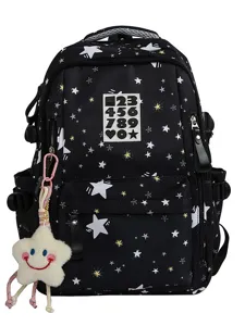 Japanese ins style black star backpack large capacity school bag with cute plush pendant.