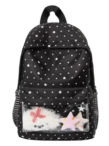 Sac à dos à pois noirs avec poche avant transparente, jolie peluche et étoiles, cartable étudiant