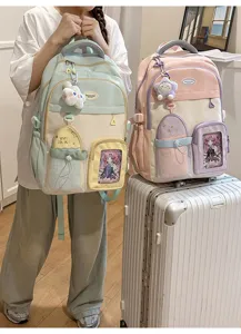 Cute Japanese student backpack pastel multi-pocket school bag for teen girls stylish casual daypack