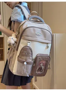 Cute Japanese style canvas backpack with multiple pockets for daily student use.