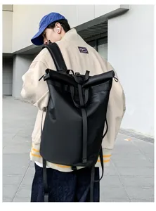 Black rolltop backpack for men and women, casual travel laptop daypack for outdoor commuting.