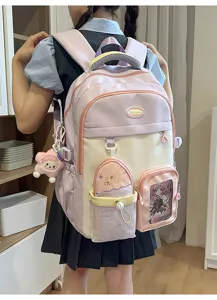 Cute Japanese style canvas school backpack for students, pink multi-pocket bookbag.