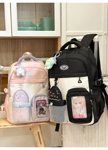 Cute Japanese style campus backpack with transparent pocket, kawaii student school bag detail.