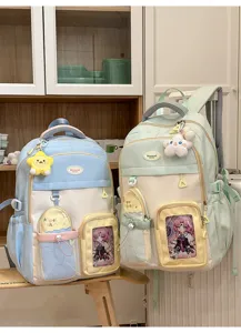 Cute Japanese style school backpack set with plush pendants and clear window front pocket.