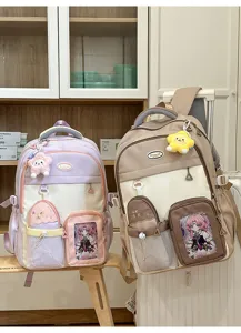 Cute Japanese style school backpack with transparent pocket and anime character design for girls.