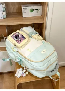 Japanese campus cute girl mint green backpack with transparent window and sweet style for students