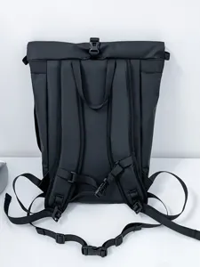 Waterproof roll-top backpack for men and women, black casual travel book bag for commuting.