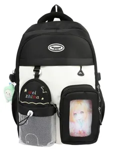 Black and white school backpack with transparent pocket cute anime style for students