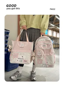 Korean style cute polka dot canvas school backpack and large capacity tote bag set