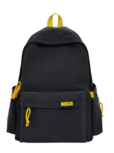 Casual black backpack with yellow details, lightweight school bag for students and travel.