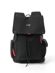 Black canvas backpack with flap drawstring and multi pockets for travel school daily use.