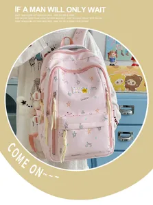 Korean style pink star large capacity campus backpack for student daily school use and travel.