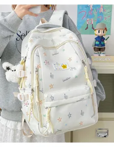 Korean style white canvas backpack for women and students with star prints and large capacity.